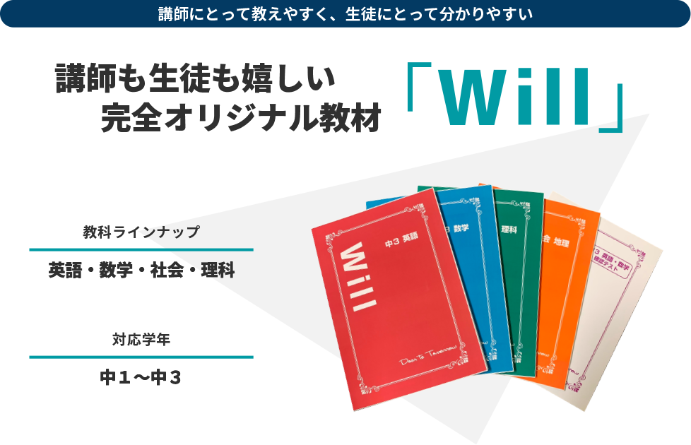 講師にとって教えやすく、生徒にとって分かりやすい 完全オリジナル教材講師も生徒も嬉しい「Will」